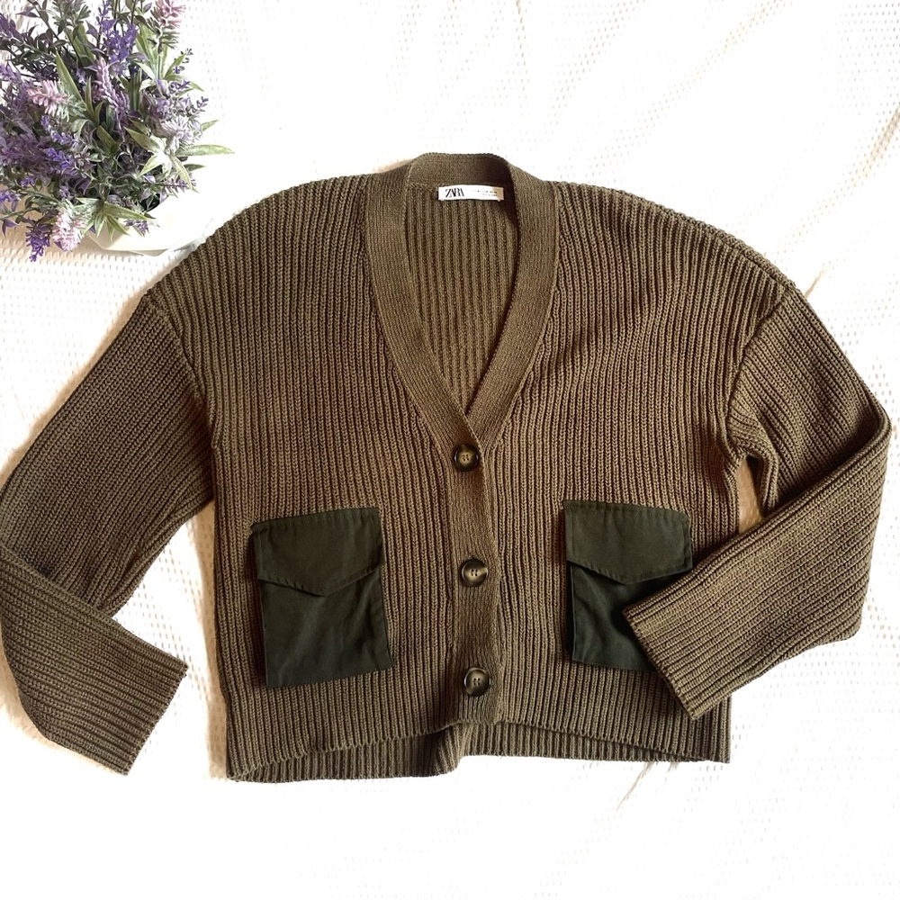 Zara Relaxed Knit Cardigan Sweater, Olive Army Green, Medium